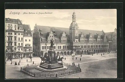 AK Leipzig, Altes Rathaus & Sieges-Denkmal, Strassenbahn
