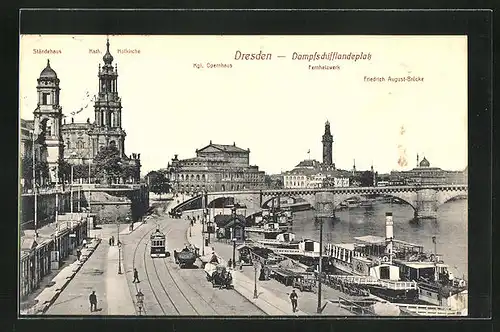 AK Dresden, Strassenbahnverkehr am Dampfschifflandeplatz