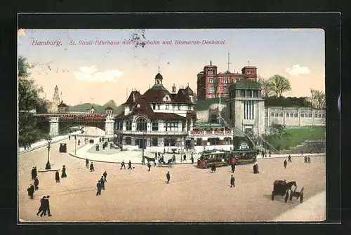 AK Hamburg, St. Pauli-Fährhaus mit Hochbahn und Strassenbahn