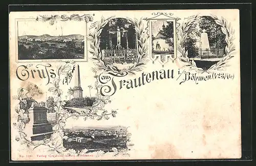 AK Trautenau / Trutnov, Totale mit Eisenbahn, Kriegerdenkmäler, Kapelle