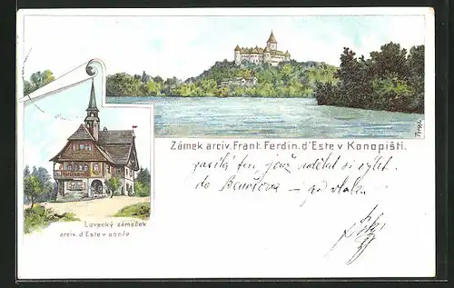 Lithographie Beneschau / Benesov, Zámek arciv. Frant. Ferdin. d'Este, Lovecký zámecek