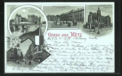 Mondschein-Lithographie Metz, Paradeplatz mit Hauptwache, Deutsches Thor, Cathedrale, Römerstrasse