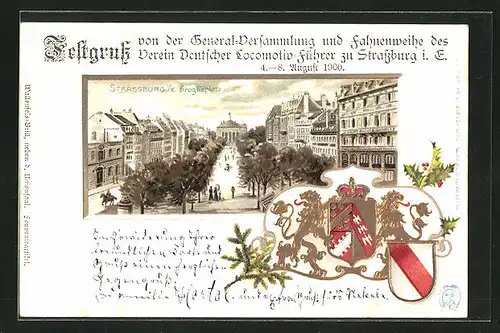 Passepartout-Lithographie Strassburg i. E., Blick auf den Broglieplatz, Wappen