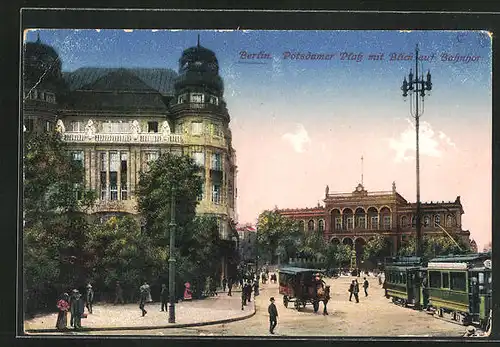 AK Berlin-Tiergarten, Potsdamerplatz mit Blick auf Bahntor, Strassenbahn