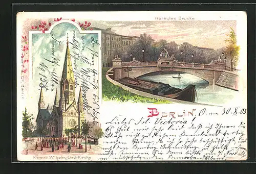Lithographie Berlin-Tiergarten, Herkules Brücke, Kaiser Wilhelm-Ged-Kirche