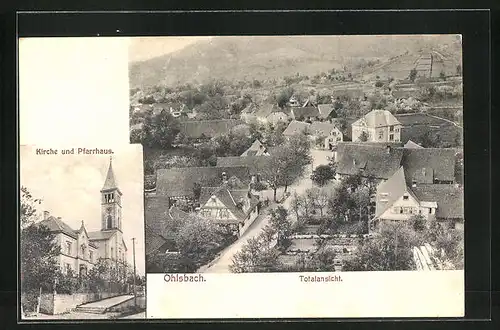 AK Ohlsbach, Kirche und Pfarrhaus, Totalansicht