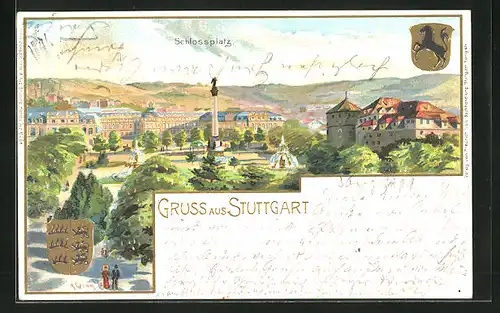 Lithographie Stuttgart, Jubiläumssäule und Brunnen auf dem Schlossplatz