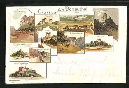 Lithographie Beuron, Kloster Beuron, Schloss Sigmaringen, St. Maurus-Kapelle, Ruine Dietfurt
