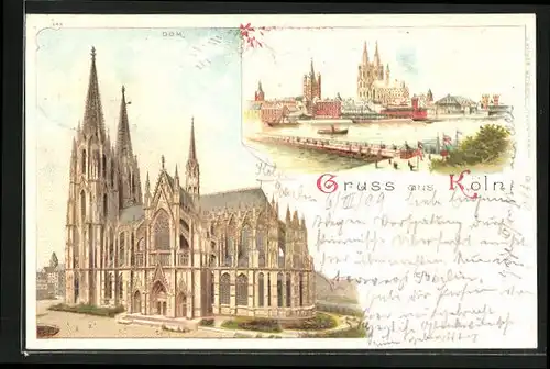 Lithographie Köln, Gesamtansicht, Blick zum Dom