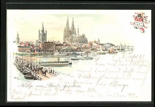 Lithographie Köln, Blick von Deutz auf die Altstatd