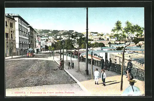 AK Genova, Panorama da Corso Andrea Podesta, Strassenbahn