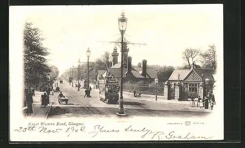 AK Glasgow, Great Western Road, Strassenbahn