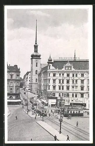 AK Brünn, Kirchengasse mit Strassenbahn