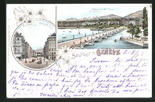 Lithographie Geneve, Rue du Mont Blanc, Pont et le Mont-Blanc