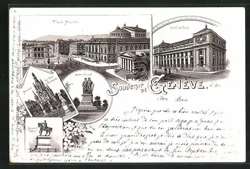 Lithographie Geneve, Place Neuve, Hotel de Poste, Monument National