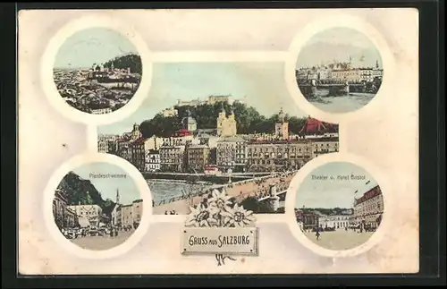 AK Salzburg, Gesamtansicht, Pferdeschwemme, Theater und Hotel Bristol