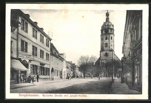 AK Sangerhausen, Kylische Strasse mit Jakobi-Kirche