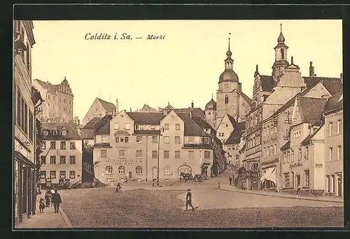 AK Colditz i. Sa., Markt mit Apotheke und Leisniger Bank