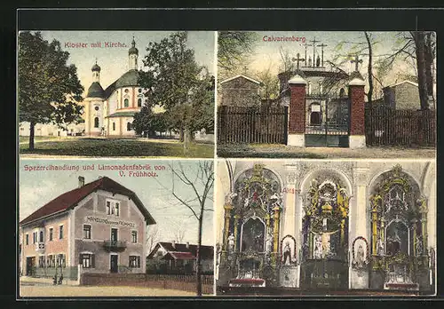 AK Klosterlechfeld, Kloster mit Kirche, Calvarienberg, Spezereihandlung V. Frühholz