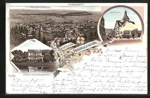 Lithographie Friedrichroda, Schloss Reinhardsbrunn, Rathaus, Totalansicht