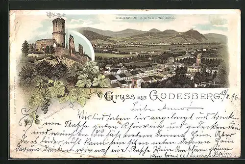 Lithographie Bad Godesberg, Godesburg, Totale mit Siebengebirge