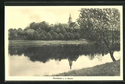 AK Nerchau / Mulde, Blick über den Fluss zum Ort