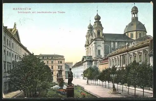 AK Mannheim, Schillerplatz mit Jesuitenkirche und Theater