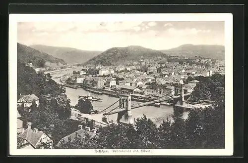AK Tetschen-Bodenbach / Decin, Panorama mit Kettenbrücke