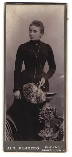 Fotografie Alb. Bamberg, Breslau, Moltkestrasse, Portrait junge Dame im Kleid mit Fächer