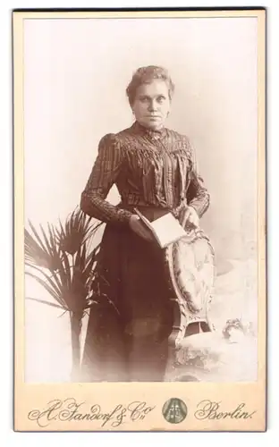 Fotografie A. Jandorf & Co., Berlin-N, Brunnen-Strasse 19-21, Portrait ältere Dame in hübscher Bluse mit einem Buch