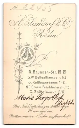 Fotografie A. Jandorf & Co., Berlin-N, Brunnen-Strasse 19-21, Portrait ältere Dame in hübscher Bluse mit einem Buch