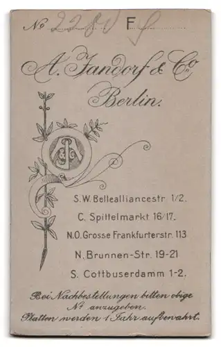 Fotografie A. Jandorf & Co., Berlin-SW, Bellealliancestrasse 1-2, Portrait junge Dame im Samtkleid mit Blumenstrauss