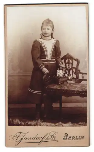 Fotografie A. Jandorf & Co., Berlin-C, Spittelmarkt 16-17, Portrait junges Mädchen im moidschen Kleid