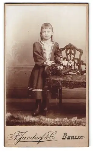 Fotografie A. Jandorf & Co., Berlin-C, Spittelmarkt 16-17, Portrait junges Mädchen im modischen Kleid