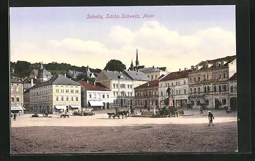 AK Sebnitz /Sächs. Schweiz, Markt mit Geschäften und Denkmal