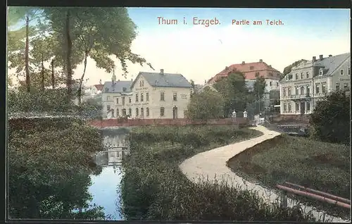 AK Thum i. Erzgeb., Gasthaus und Steinmetz-Geschäft am Teich