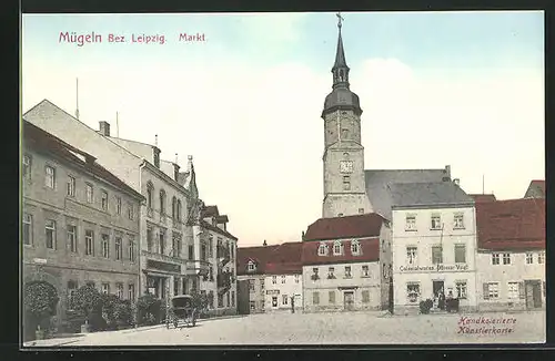 AK Mügeln, Markt mit Kolonialwarenhandlung Ottomar Voigt