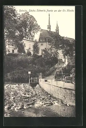 AK Sebnitz /Sächs. Schweiz, Partie an der Evangelischen Kirche