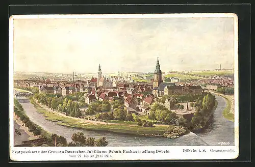 Künstler-AK Döbeln i. S., Festpostkarte der Grossen Deutschen Jubiläums-Schuh-Fachausstellung Döbeln 1914, Gesamtansicht