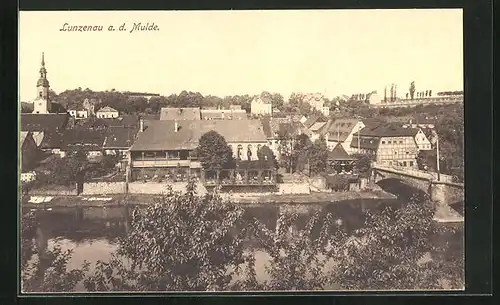 AK Lunzenau a. d. Mulde, Teilansicht mit Brücke