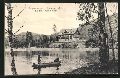 AK Philippsburg, Vogesen-Hotel und Hanauer Weier mit Boot