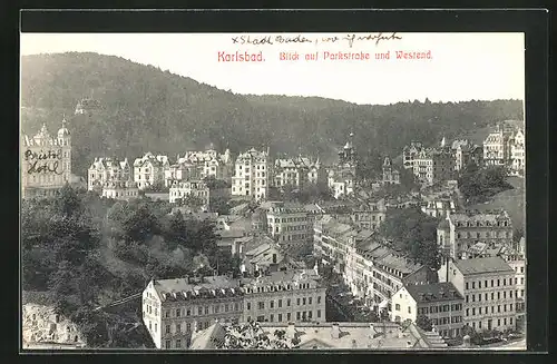 AK Karlsbad, Blick auf Parkstrasse und Westend