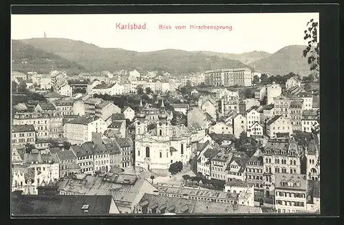 AK Karlsbad, Blick vom Hirschensprung mit Kirche