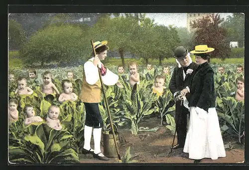 AK Paar und Gärtner mit Kindern in Salatköpfen