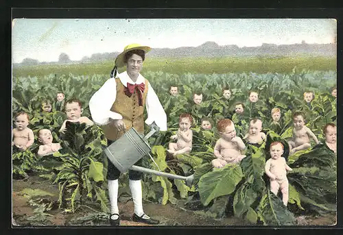 AK Gärtner mit Giesskanne und Kleinkindern in Salatköpfen