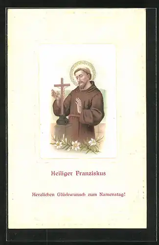 Präge-AK Heiliger Franziskus, Glückwunsch zum Namenstag, Schutzpatron