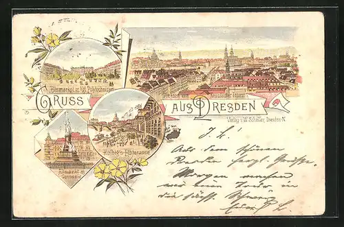 Vorläufer-Lithographie Dresden-Neustadt, 1894, Gasthaus Helbigs Elbterrasse, Bismarckplatz mit Kgl. Polytechnicum