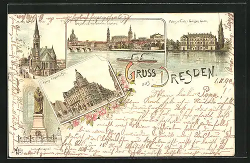 Vorläufer-Lithographie Dresden, 1894, König Johann-Strasse, Martin Luther Kirche