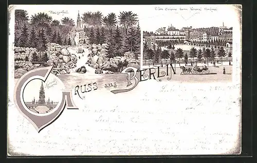 Vorläufer-Lithographie Berlin-Kreuzberg, 1895, Villen Colonie beim National-Denkmal, Wasserfall
