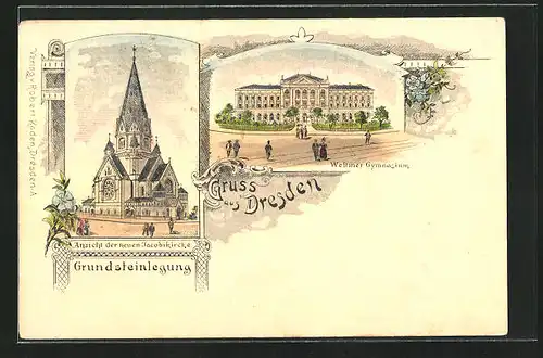 Lithographie Dresden, Wettiner Gymnasium am Wettiner Platz, Jacobikirche